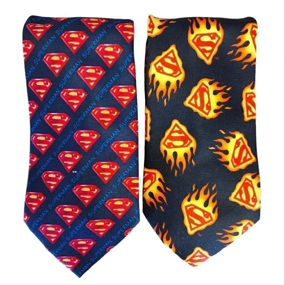 2 VTG DC Comics Superman Logos Black‎ Blue Satin Neck Ties Bundle